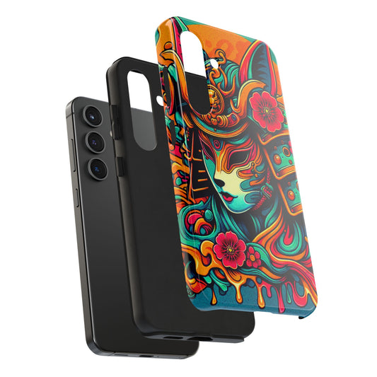 Tough Phone Case - Female Samurai Fox Style Armor, Neon Japanese Mask Design - Eyrian