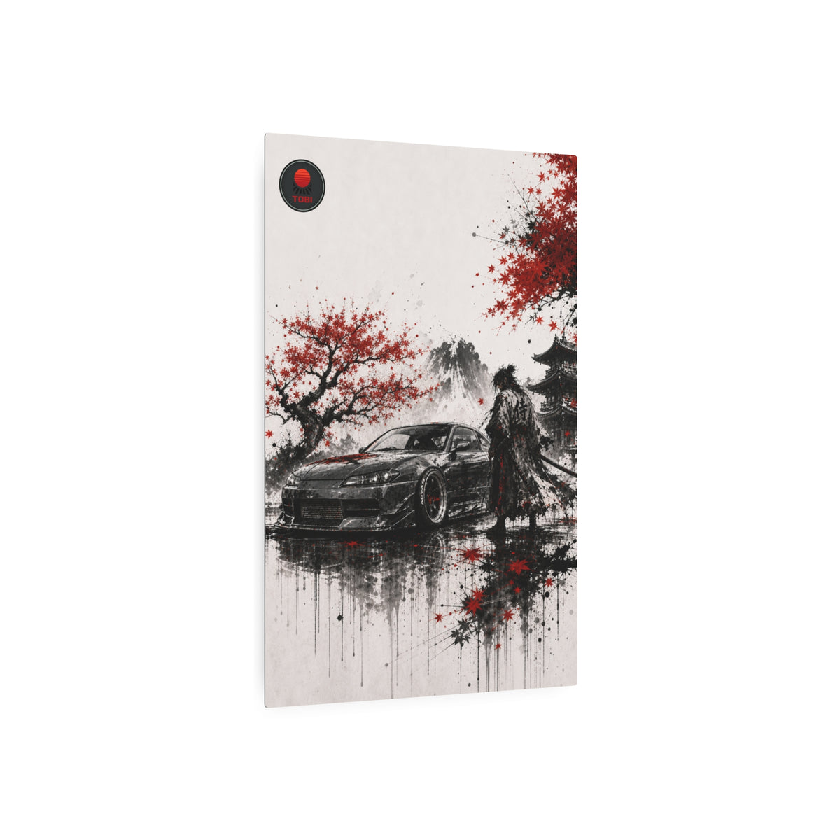 Samurai & Sports Car Cherry Blossom - Metal Art Sign