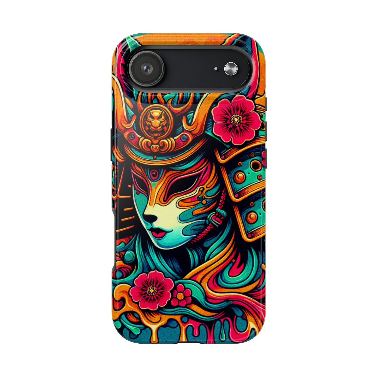 Tough Phone Case - Female Samurai Fox Style Armor, Neon Japanese Mask Design - Eyrian