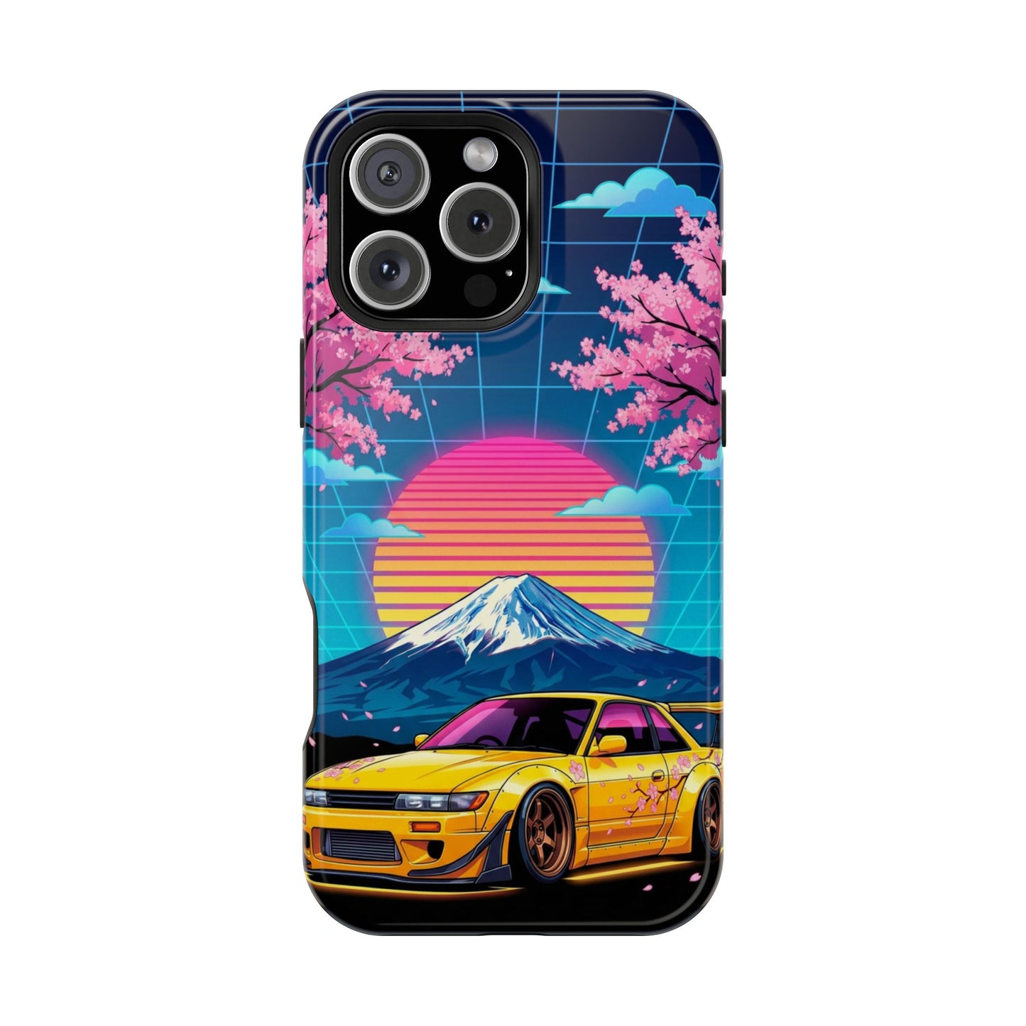 Phone Case — Retro Vaporwave Car with Mount Fuji & Cherry Blossoms (Magnetic Impact-Resistant)