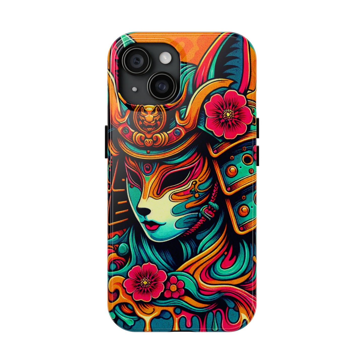 Tough Phone Case - Female Samurai Fox Style Armor, Neon Japanese Mask Design - Eyrian