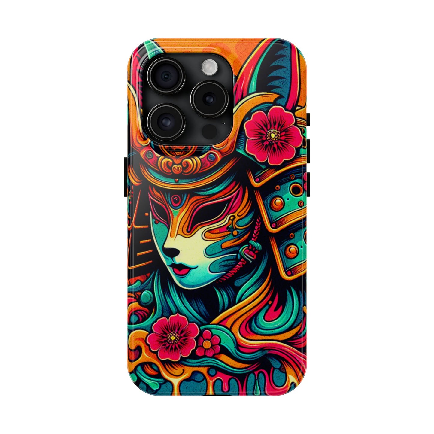 Tough Phone Case - Female Samurai Fox Style Armor, Neon Japanese Mask Design - Eyrian