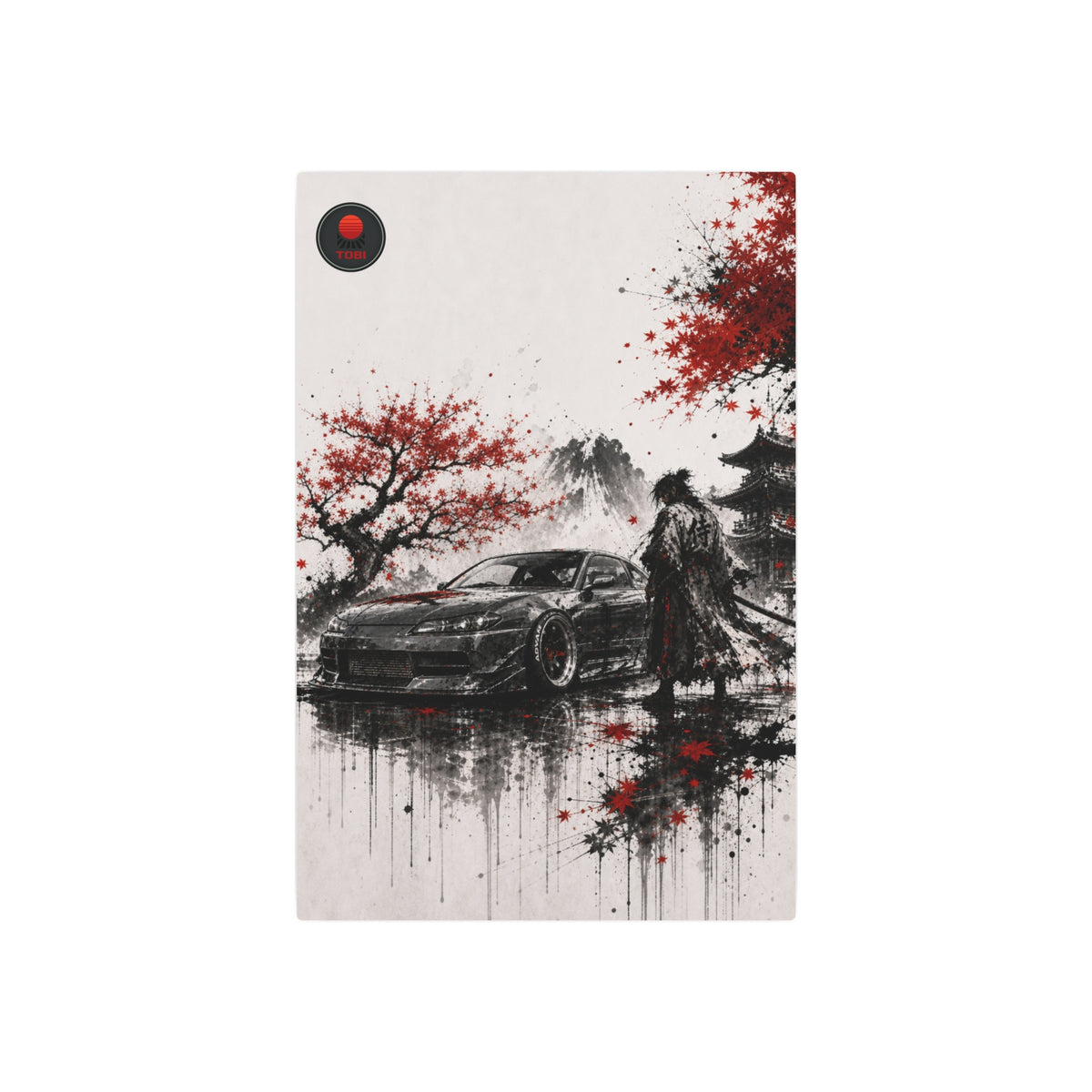 Samurai & Sports Car Cherry Blossom - Metal Art Sign