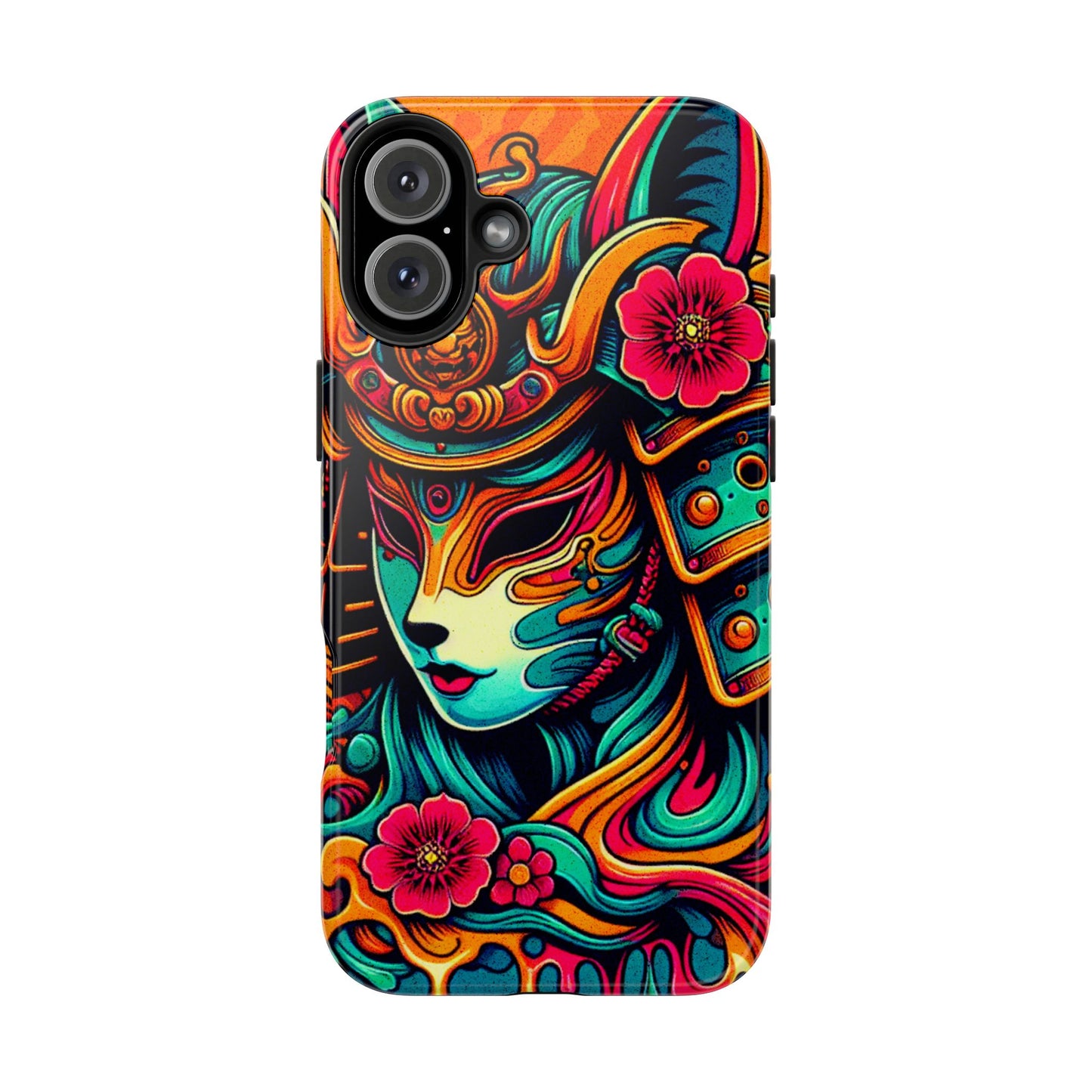 Tough Phone Case - Female Samurai Fox Style Armor, Neon Japanese Mask Design - Eyrian