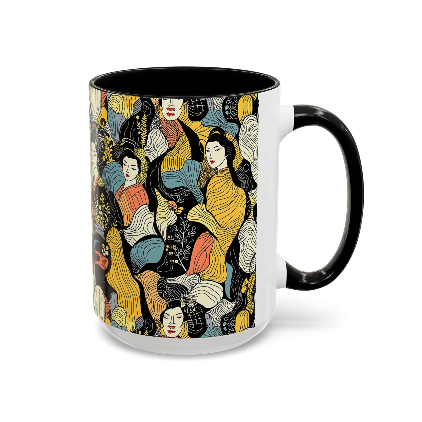 Geisha Pattern Accent Coffee Mug — Artistic Japanese Women Design (11/15oz) - Eyrian