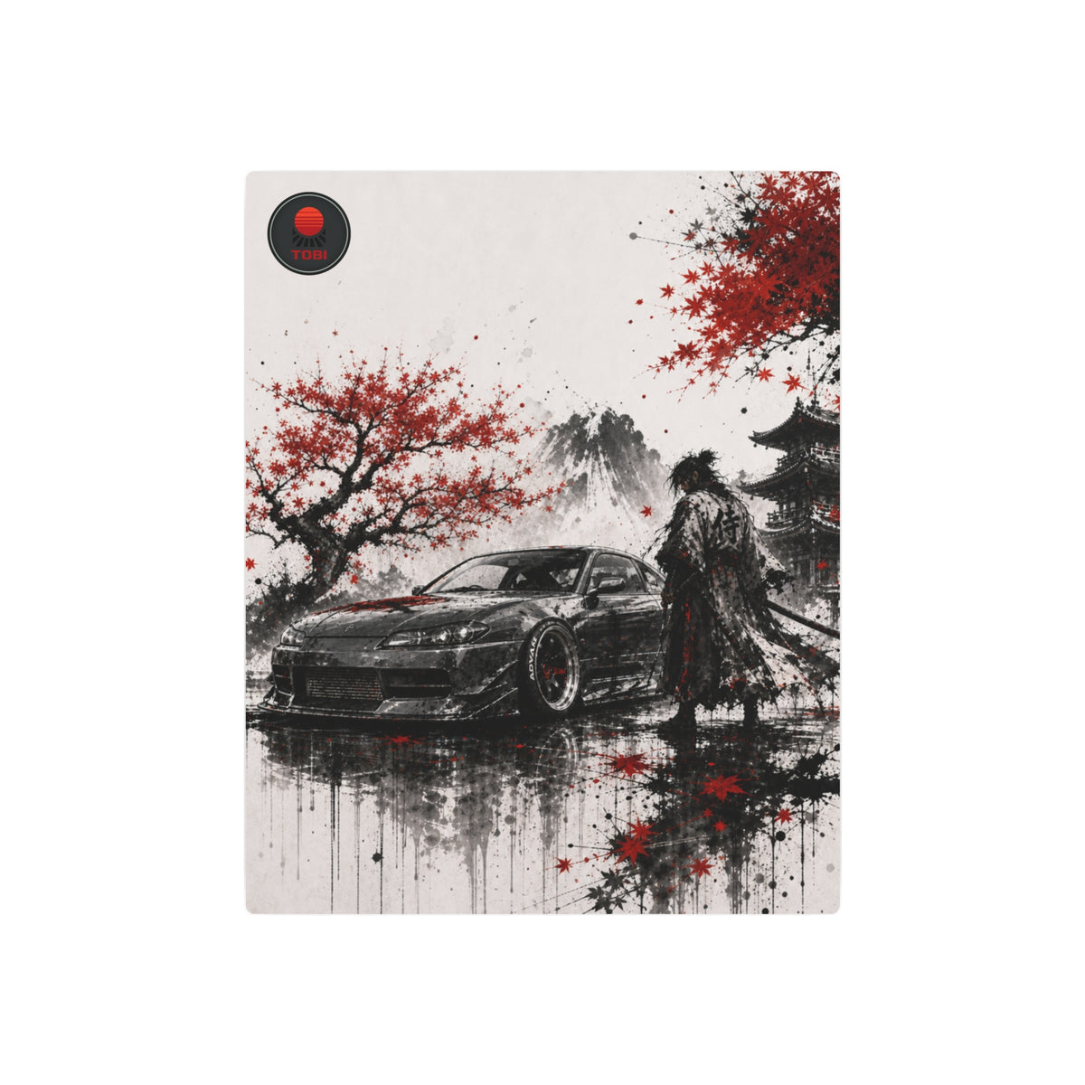 Samurai & Sports Car Cherry Blossom - Metal Art Sign