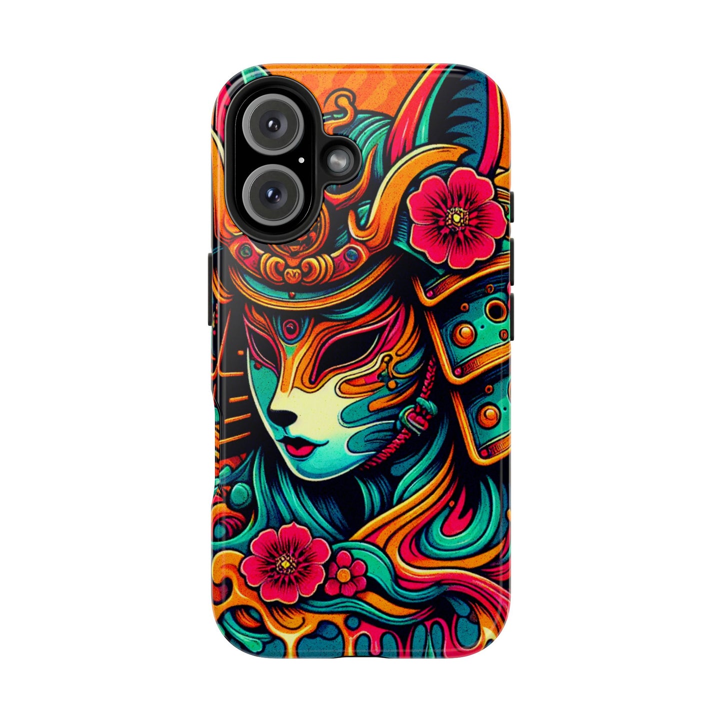 Tough Phone Case - Female Samurai Fox Style Armor, Neon Japanese Mask Design - Eyrian