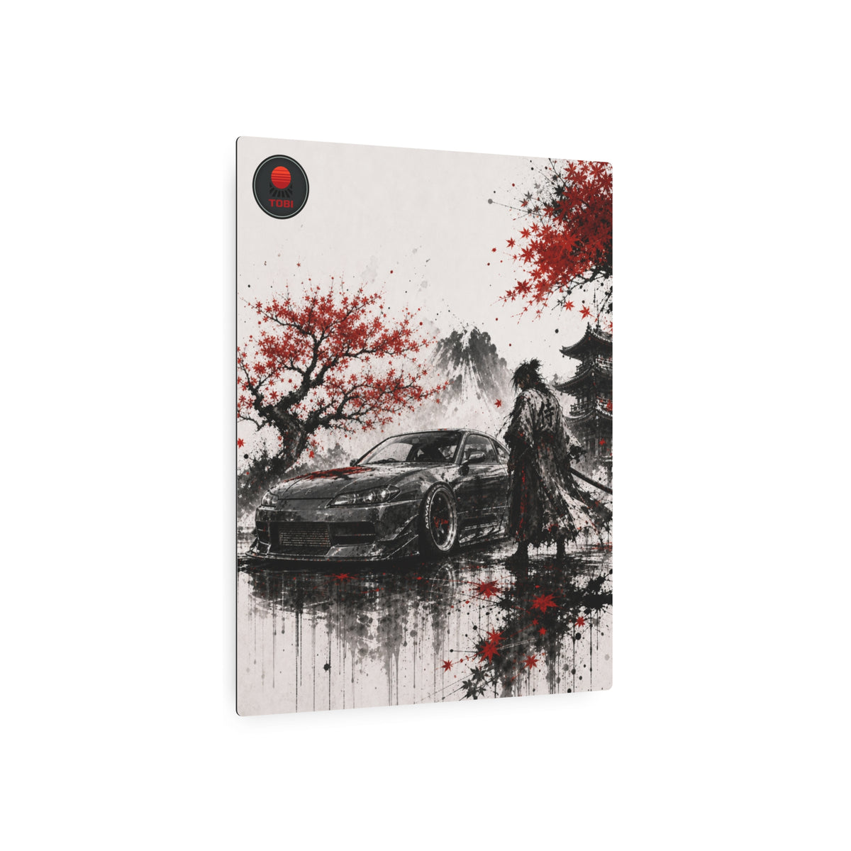 Samurai & Sports Car Cherry Blossom - Metal Art Sign