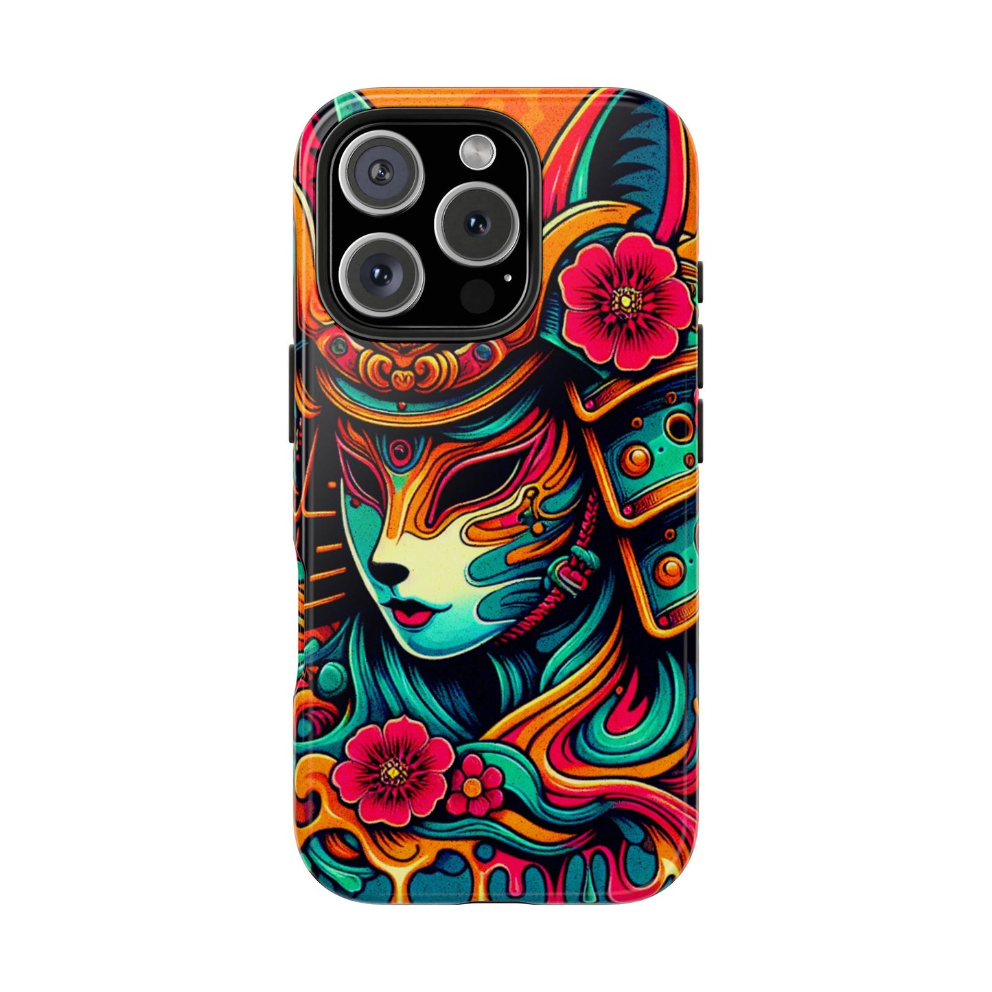 Tough Phone Case - Female Samurai Fox Style Armor, Neon Japanese Mask Design - Eyrian
