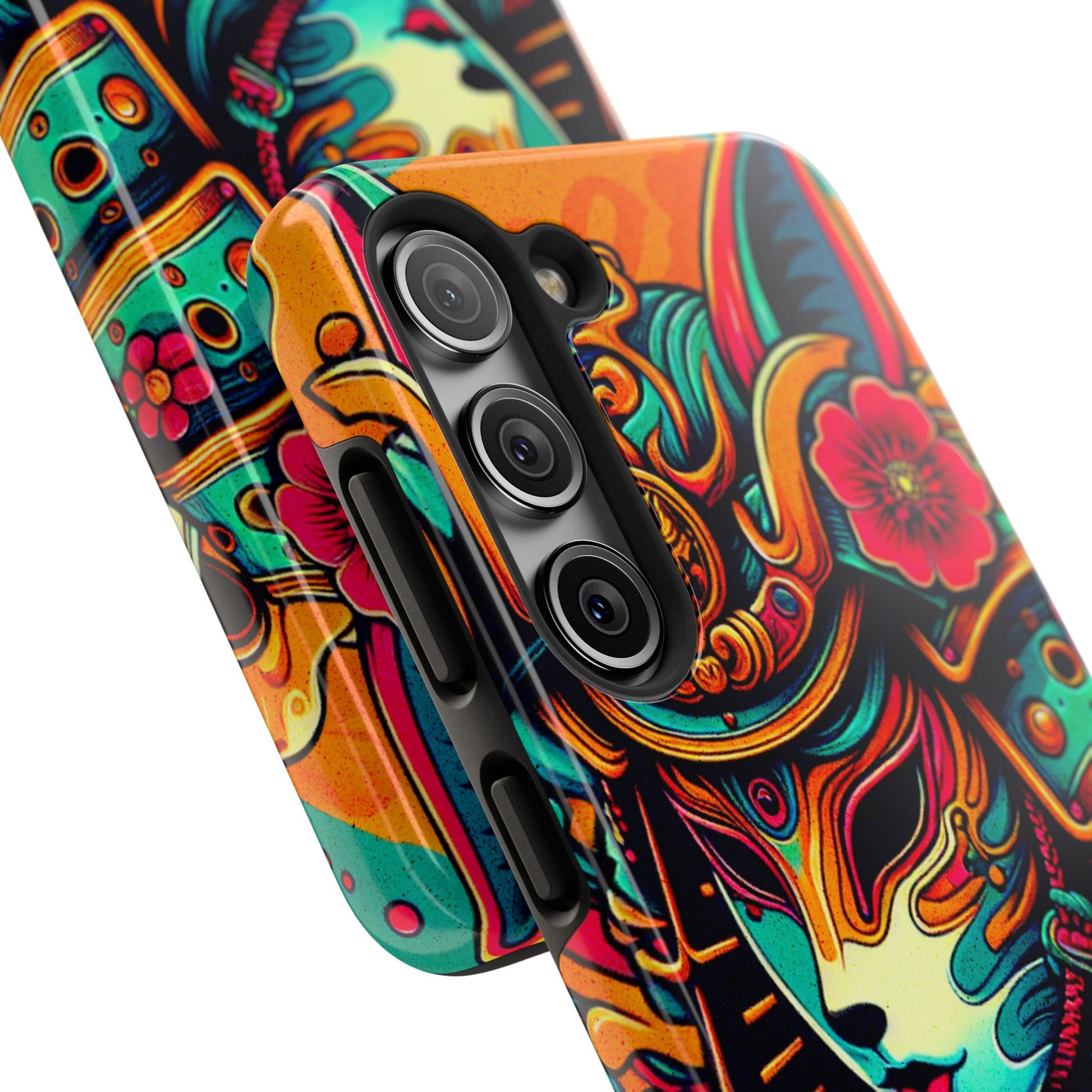 Tough Phone Case - Female Samurai Fox Style Armor, Neon Japanese Mask Design - Eyrian