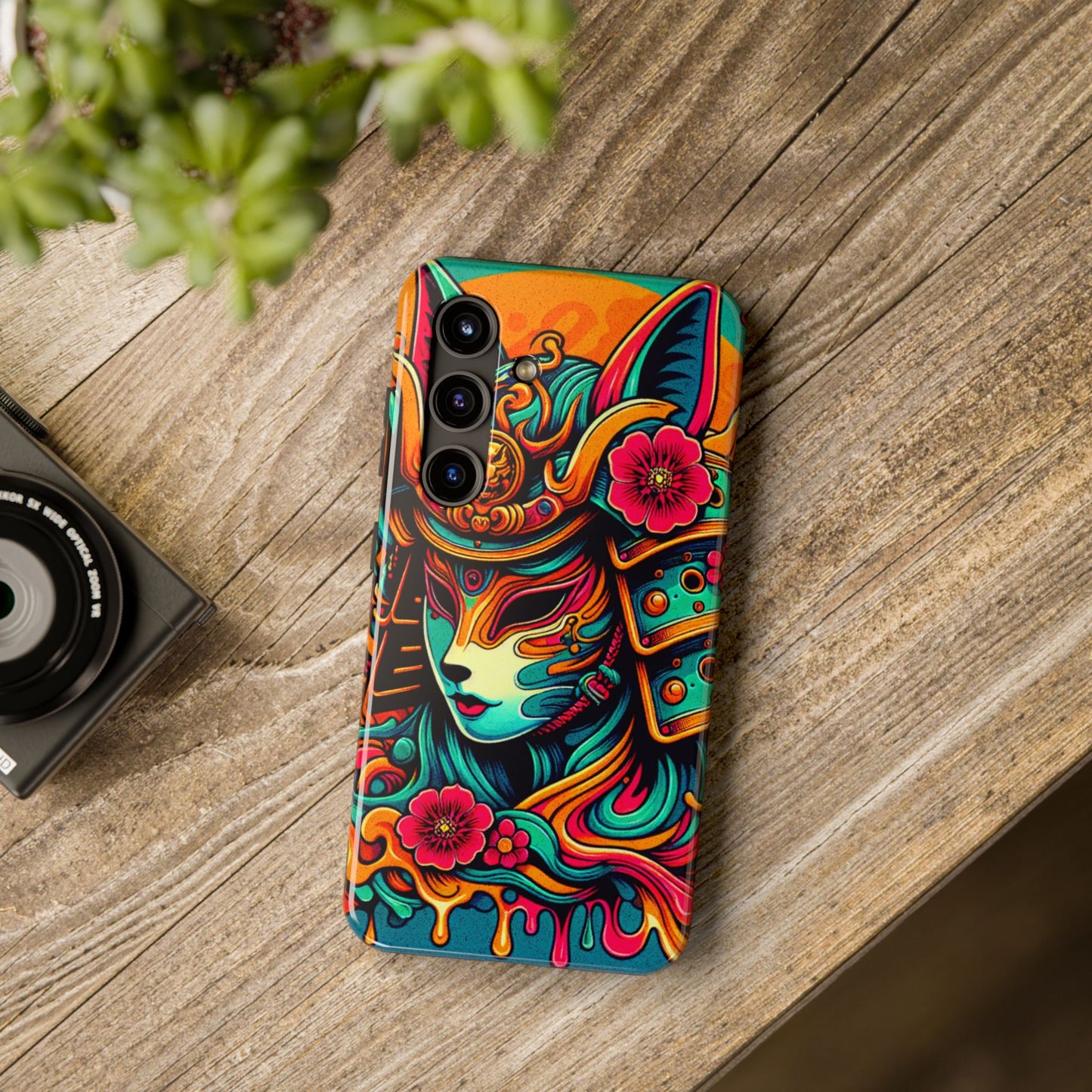 Tough Phone Case - Female Samurai Fox Style Armor, Neon Japanese Mask Design - Eyrian