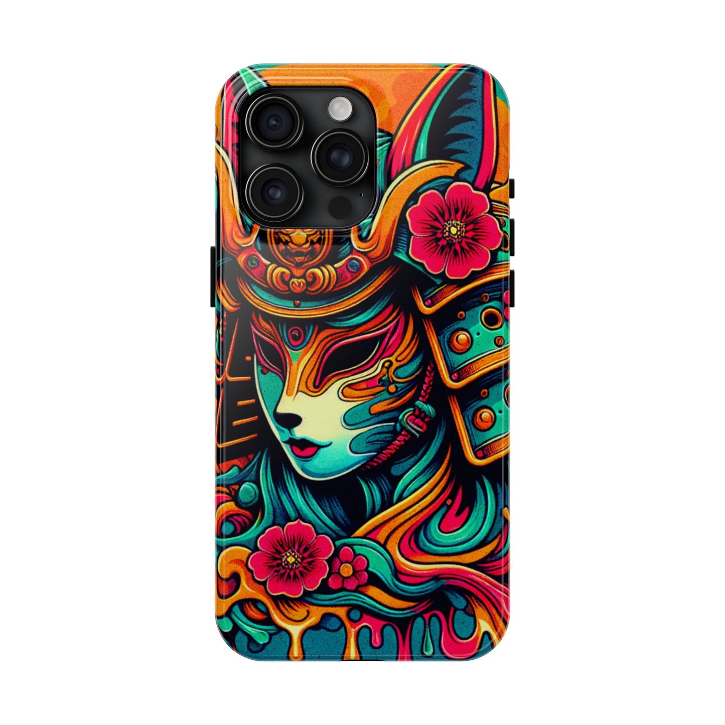 Tough Phone Case - Female Samurai Fox Style Armor, Neon Japanese Mask Design - Eyrian