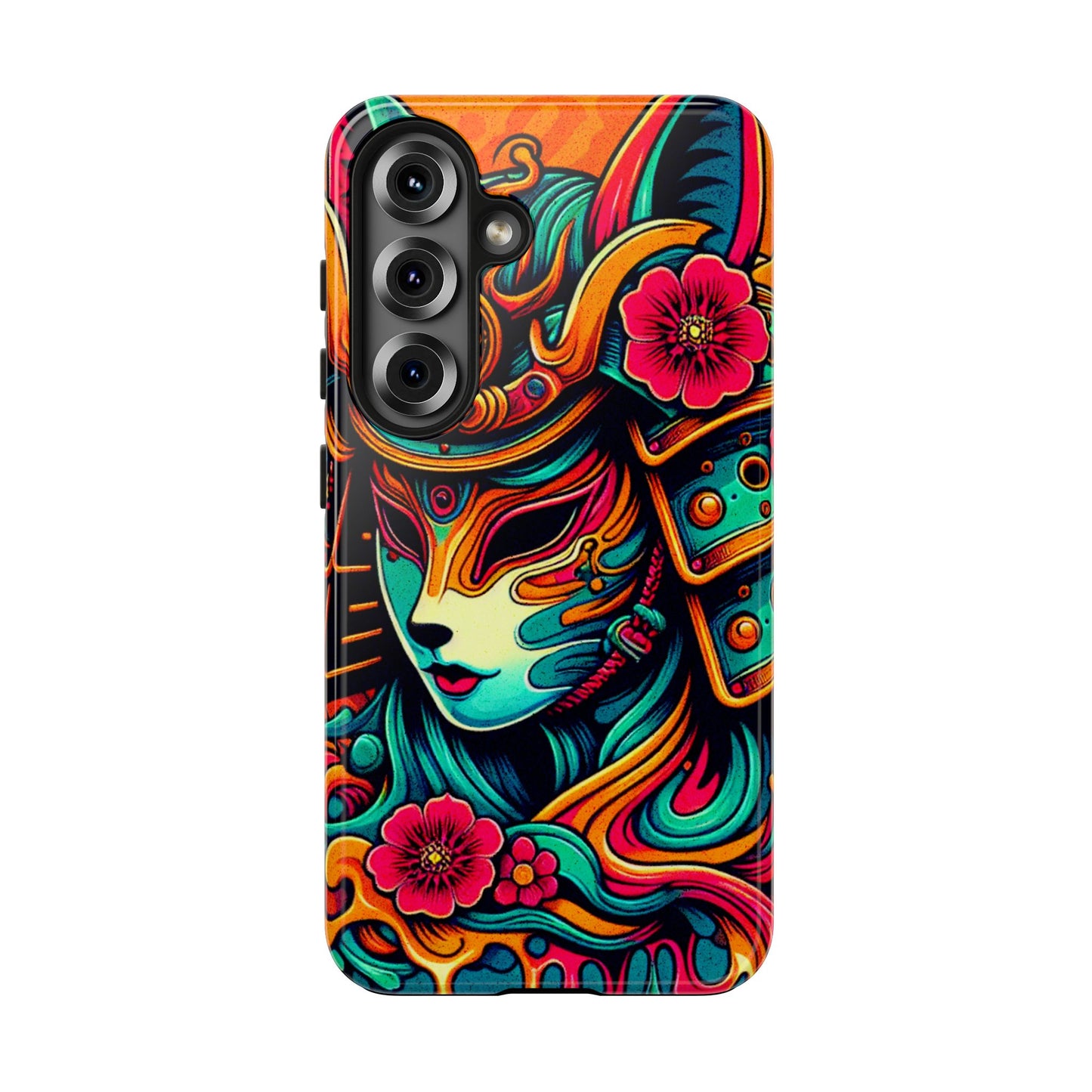 Tough Phone Case - Female Samurai Fox Style Armor, Neon Japanese Mask Design - Eyrian