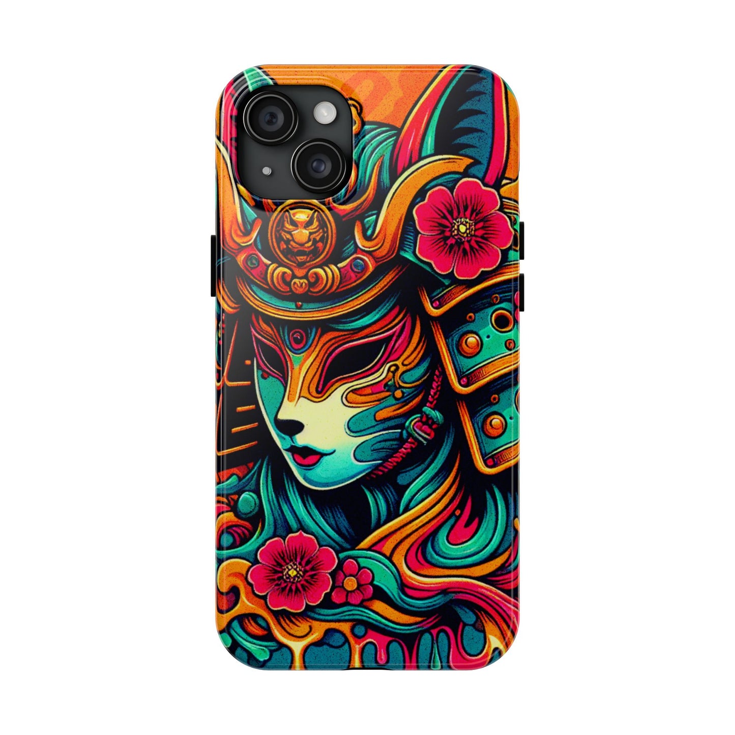 Tough Phone Case - Female Samurai Fox Style Armor, Neon Japanese Mask Design - Eyrian