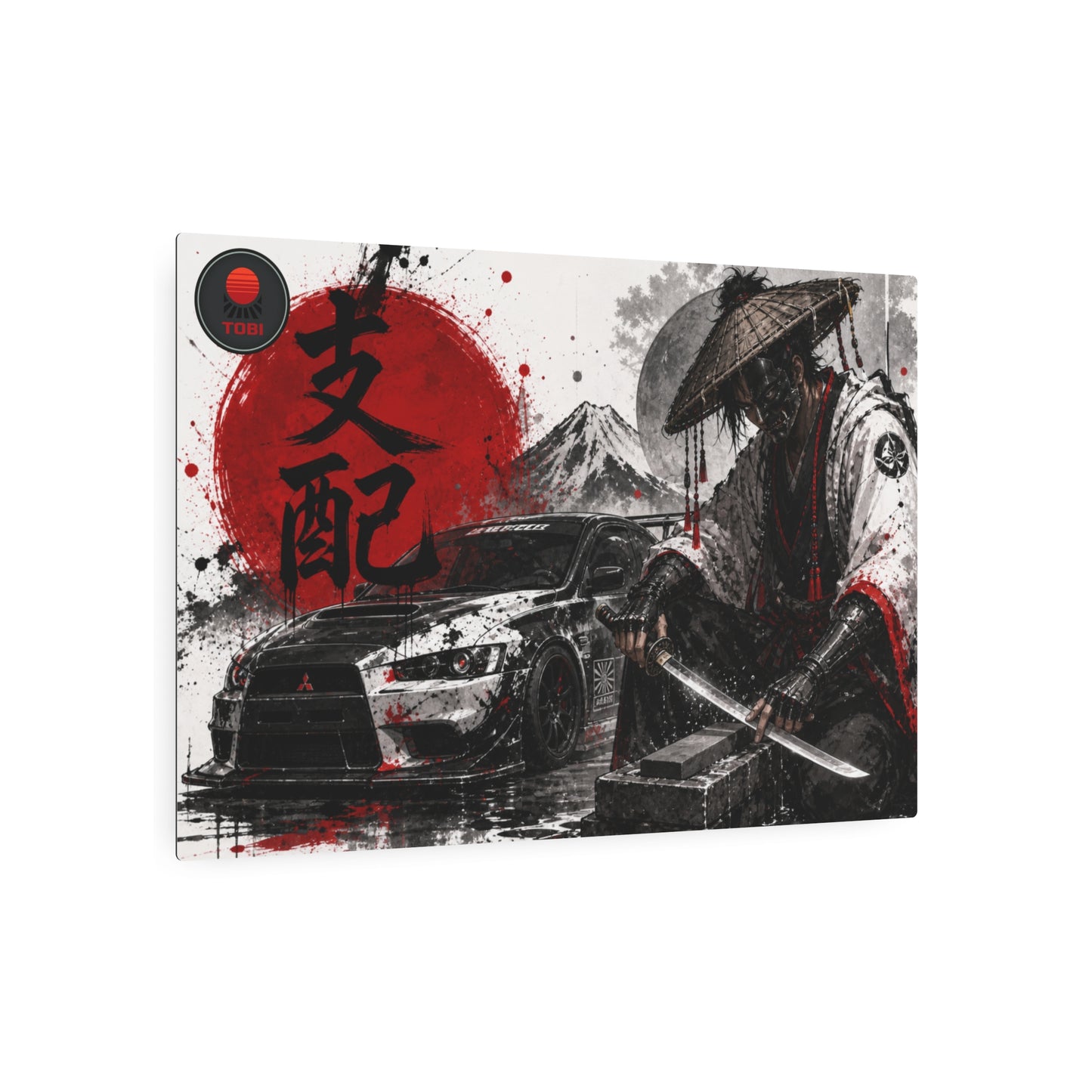 Metal Sign — Samurai and Sports Car Japanese Ink Art (Kanji Accent)