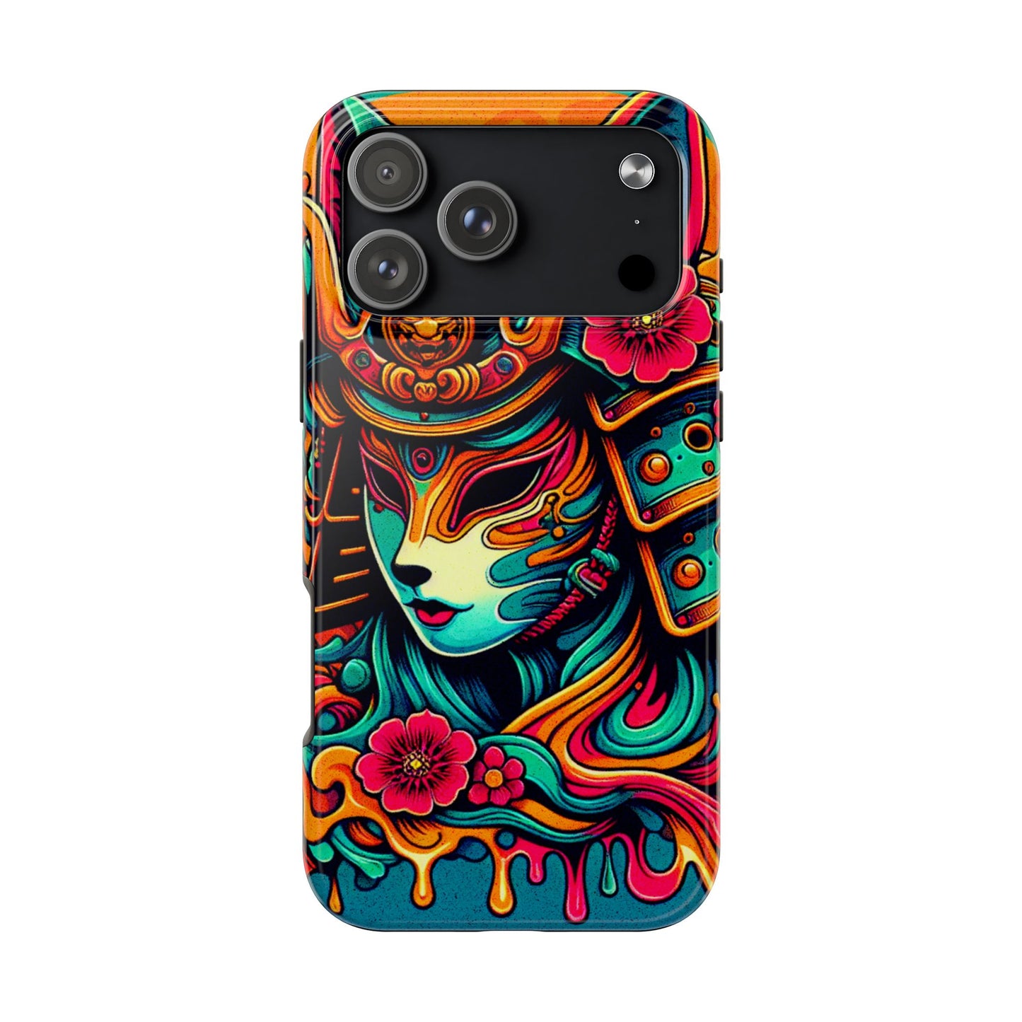 Tough Phone Case - Female Samurai Fox Style Armor, Neon Japanese Mask Design - Eyrian