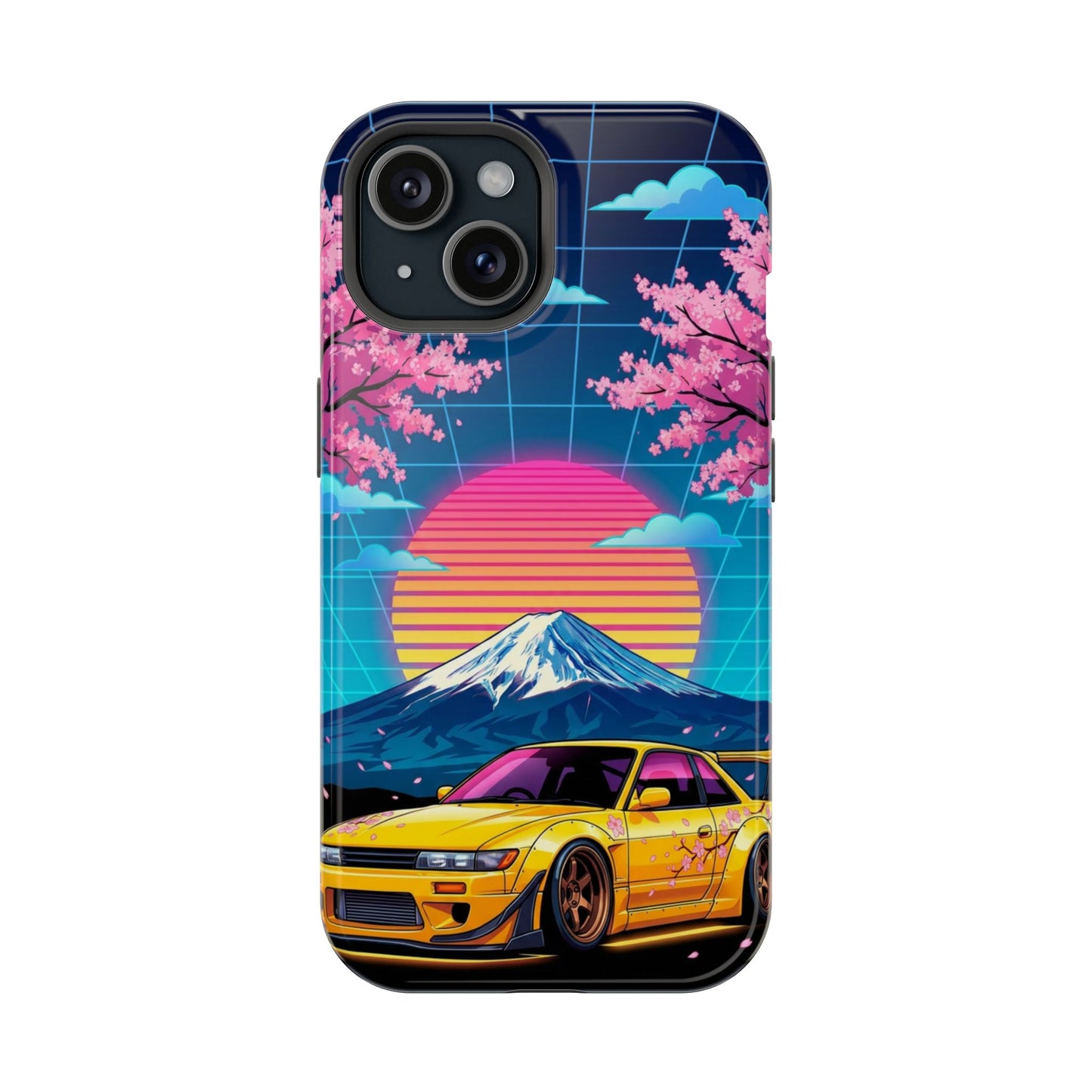Phone Case — Retro Vaporwave Car with Mount Fuji & Cherry Blossoms (Magnetic Impact-Resistant)