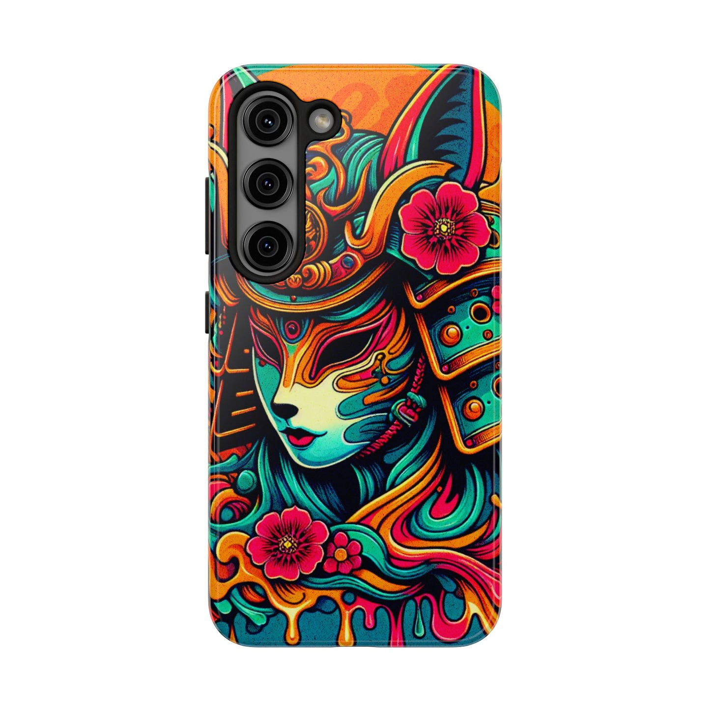 Tough Phone Case - Female Samurai Fox Style Armor, Neon Japanese Mask Design - Eyrian