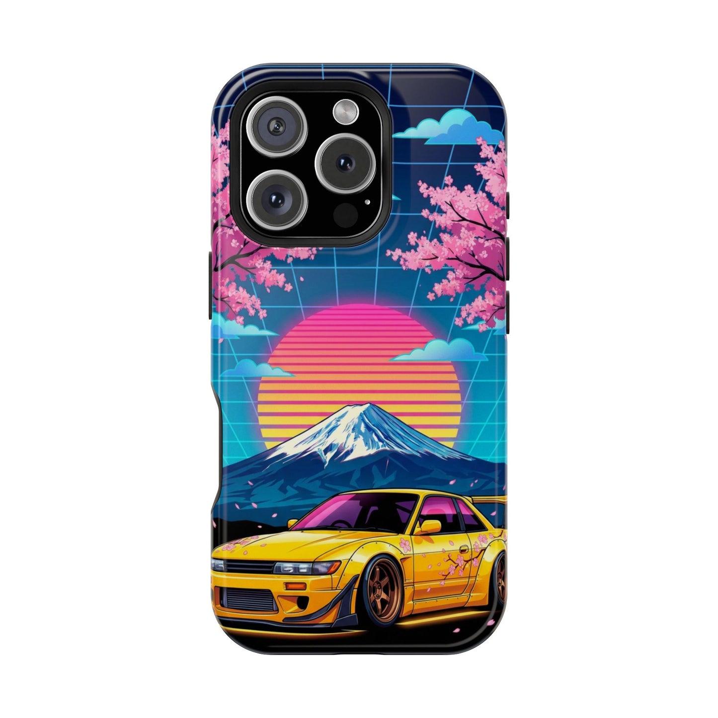 Phone Case — Retro Vaporwave Car with Mount Fuji & Cherry Blossoms (Magnetic Impact-Resistant)