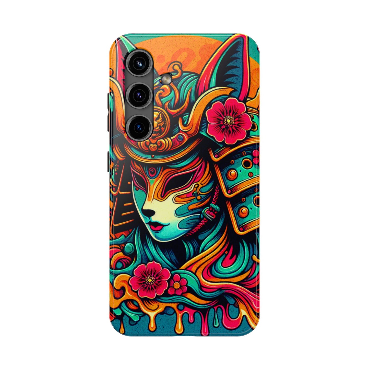 Tough Phone Case - Female Samurai Fox Style Armor, Neon Japanese Mask Design - Eyrian