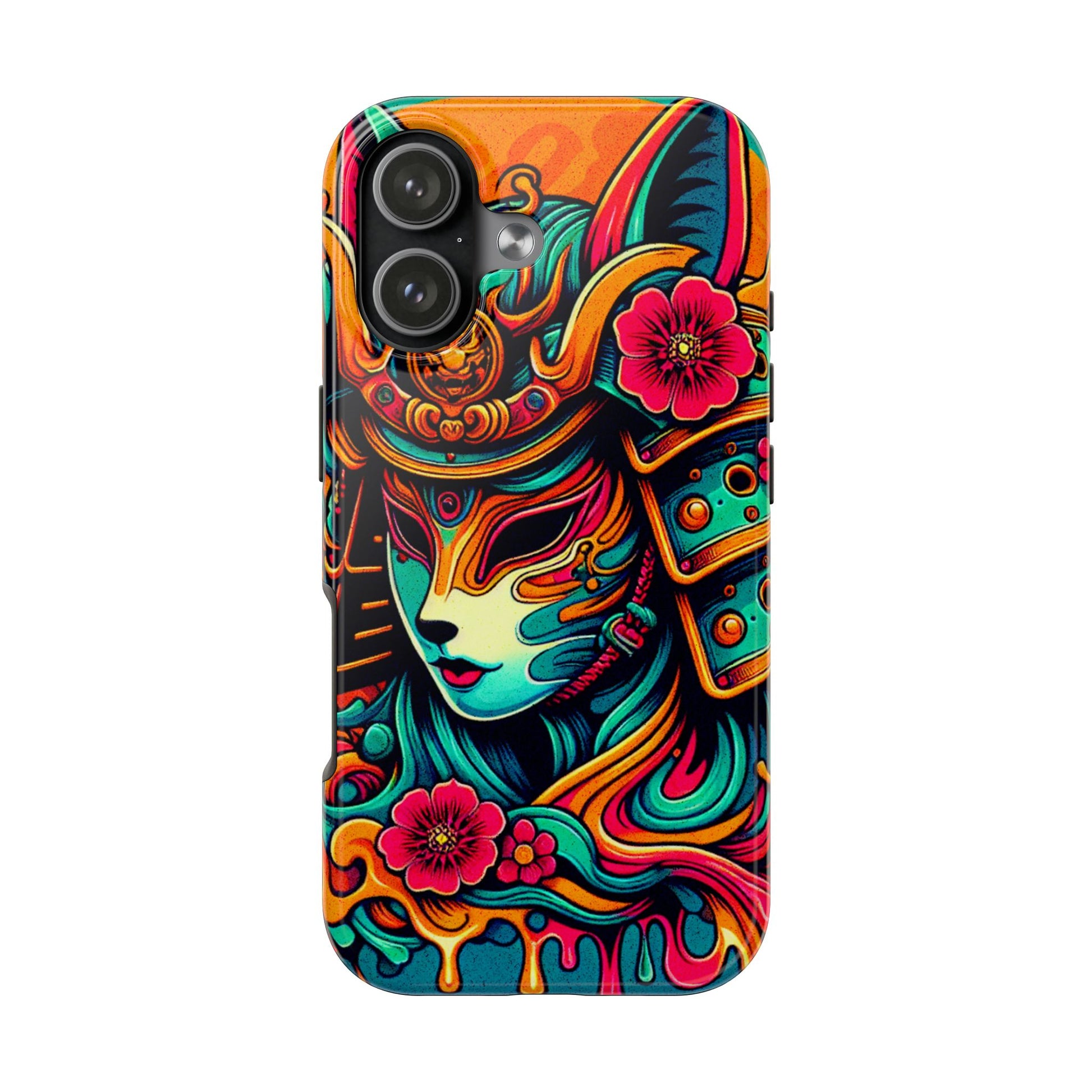 Tough Phone Case - Female Samurai Fox Style Armor, Neon Japanese Mask Design - Eyrian