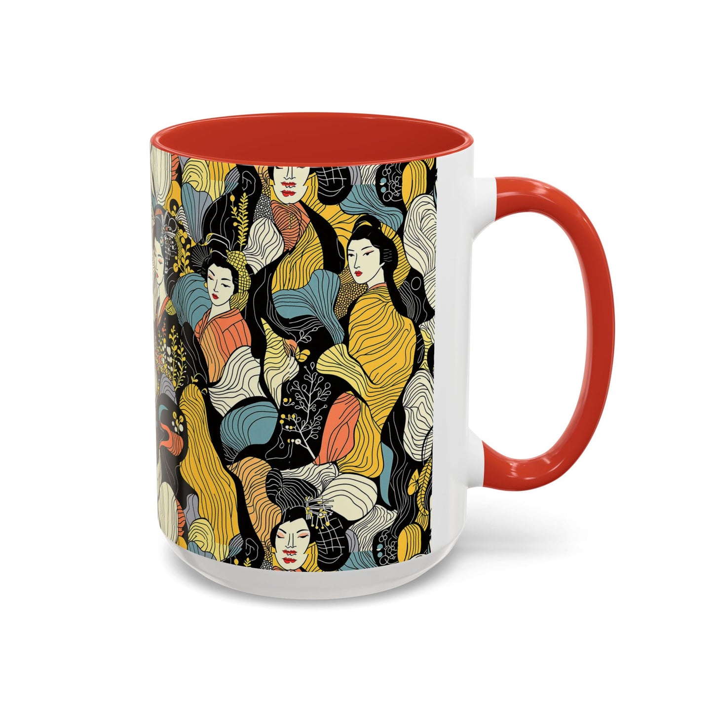 Geisha Pattern Accent Coffee Mug — Artistic Japanese Women Design (11/15oz) - Eyrian