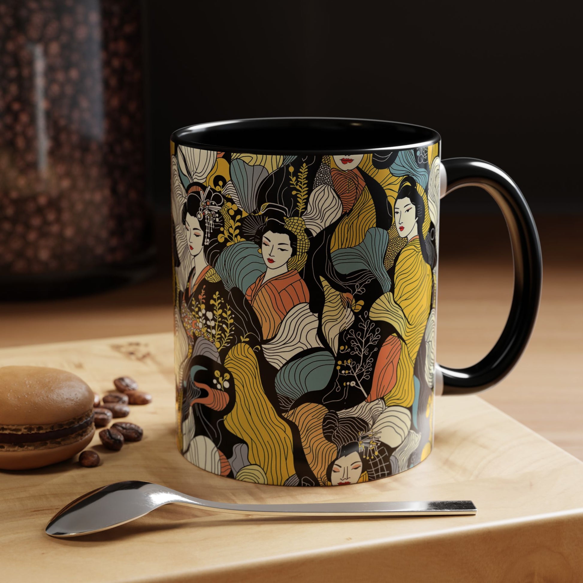 Geisha Pattern Accent Coffee Mug — Artistic Japanese Women Design (11/15oz) - Eyrian
