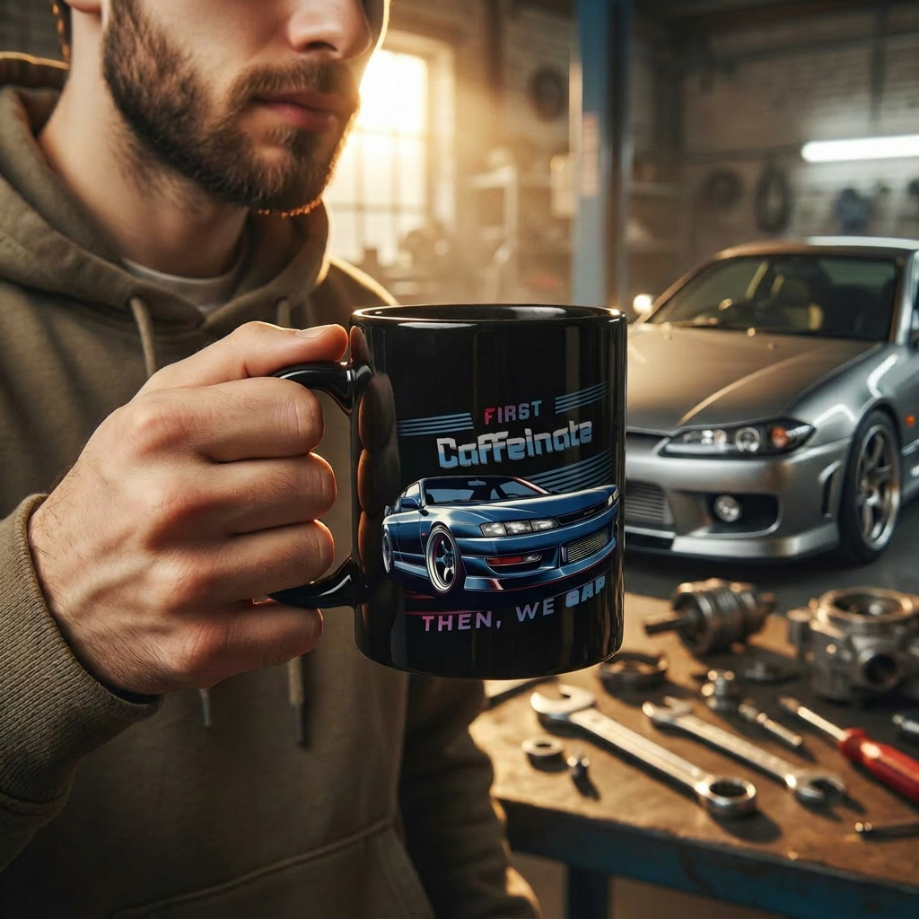 Racing Car Mug - "First Caffeinate Then We Drift" Black Coffee Cup - TobiBrand