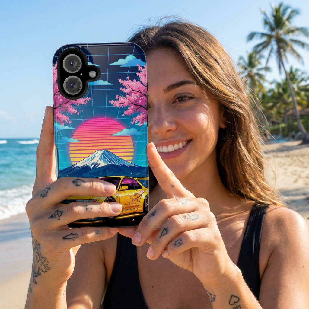 Phone Case — Retro Vaporwave Car with Mount Fuji & Cherry Blossoms (Magnetic Impact-Resistant) - TobiBrand