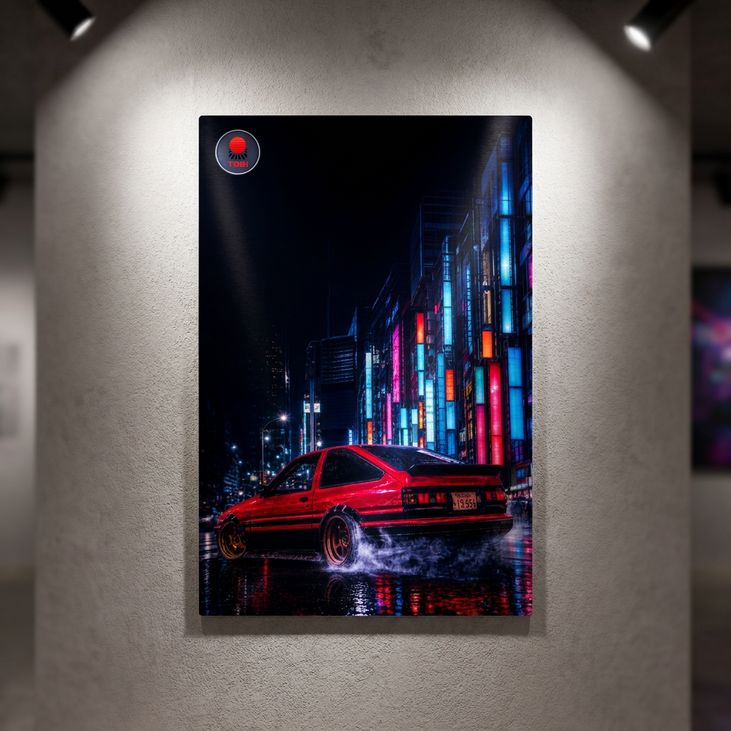 Red AE86 Night Street Car — Metal Art Sign